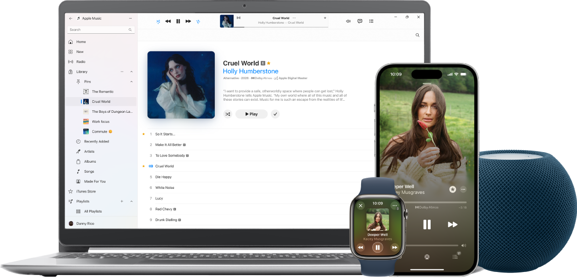A song playing on a Mac, iPhone, and Apple Watch, with a HomePod.