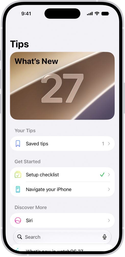 A screen showing a collection of tips with arrows indicating that you can tap a collection to view the tips in it.