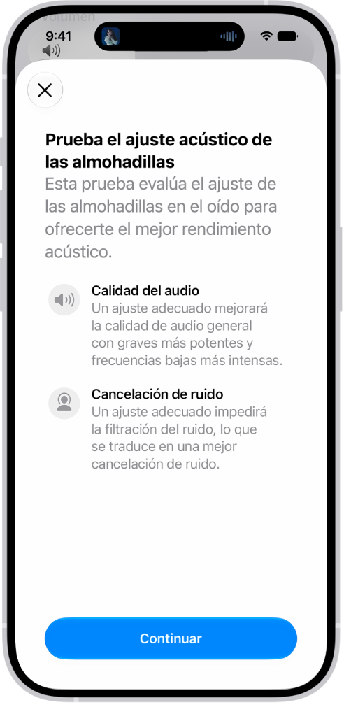 Pantalla de un iPhone con una prueba para medir el ajuste acústico de los AirPods&nbsp;Pro&nbsp;3.