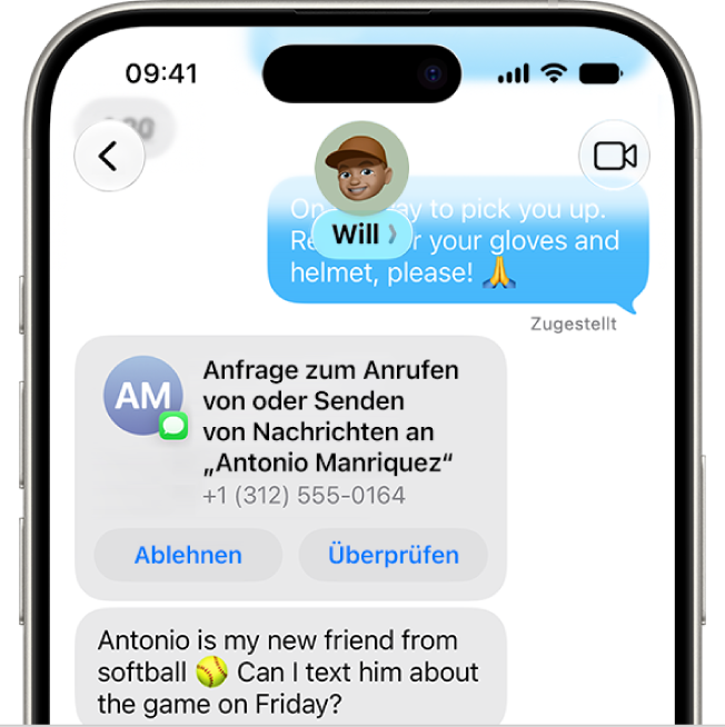 Eine Nachricht von einem Kind, in der darum gebeten wird, einen neuen Kontakt hinzuzufügen.