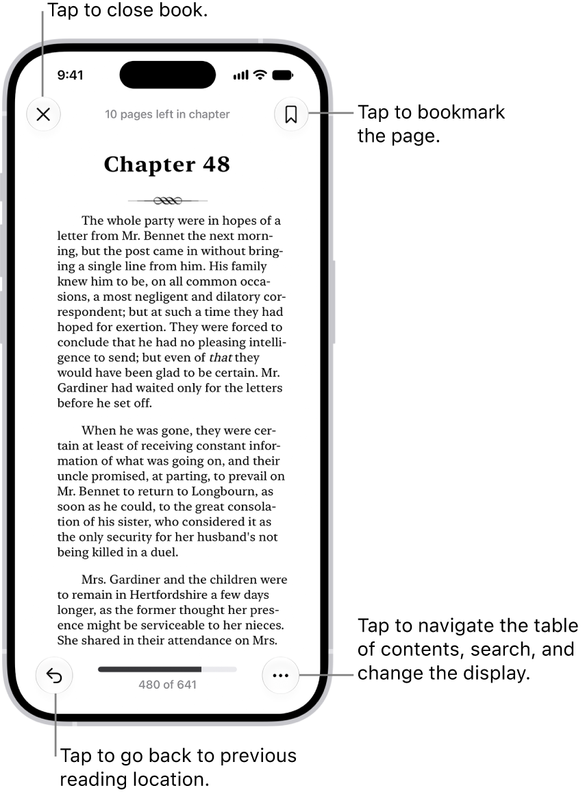 La pagina di un libro nell’app Libri. Nella parte superiore dello schermo sono presenti i pulsanti per tornare alla pagina da cui hai iniziato a leggere e per chiudere il libro. Nella parte inferiore destra dello schermo è presente il pulsante Menu.