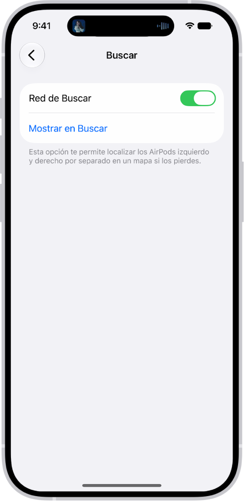 Ajustes de Bluetooth en un iPhone que muestra las opciones para los AirPods&nbsp;Pro. La opción “Red de Buscar” está activada, lo que permite que los AirPods se muestren por separado en un mapa si se pierden.