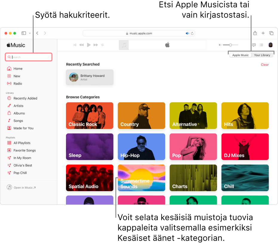 Apple Music -ikkuna, jossa näkyy hakukenttä vasemmassa yläkulmassa, kategorialuettelo keskellä ja Apple Music tai kirjastosi oikeassa yläkulmassa. Syötä hakukriteerit hakukenttään ja valitse sitten, etsitäänkö koko Apple Musicista vai vain kirjastostasi. Voit halutessasi valita kategorian, kuten Kesäiset äänet, voidaksesi selata luetteloa kappaleista, jotka muistuttavat sinua kesästä.