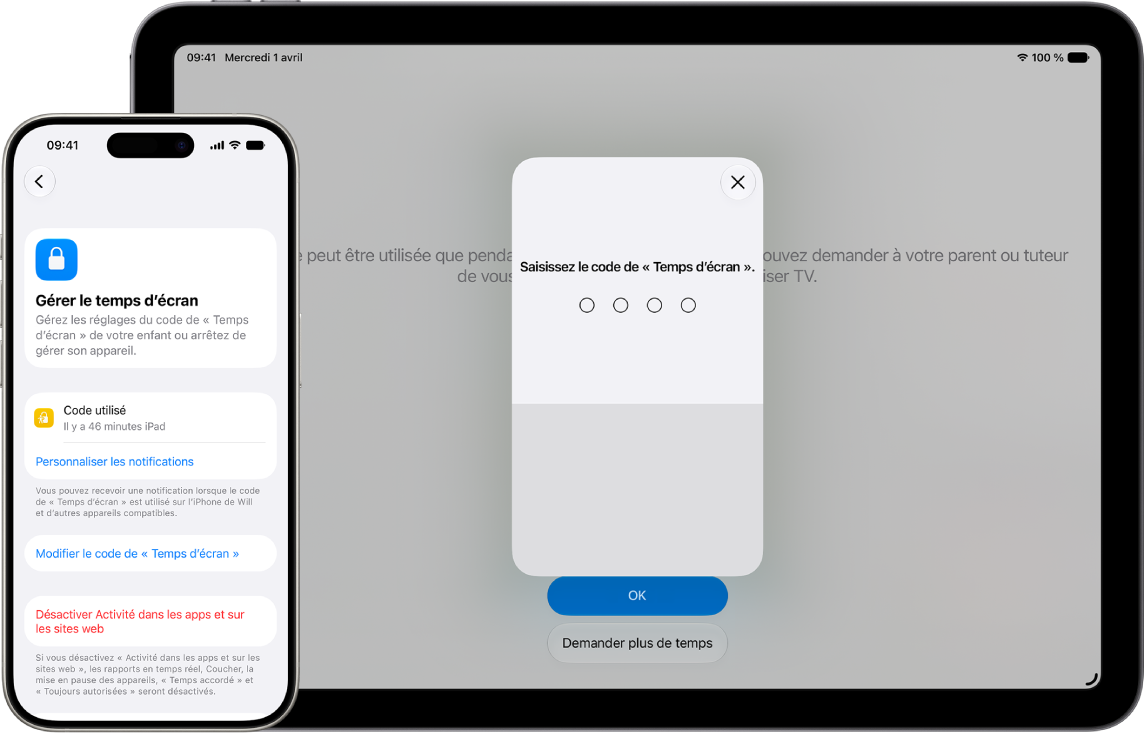 Un iPhone d’un parent affichant la possibilité de gérer les réglages de «&nbsp;Temps d’écran&nbsp;» et le code de «&nbsp;Temps d’écran&nbsp;» d’un enfant. L’iPad d’un enfant affichant un écran bloqué par un code de «&nbsp;Temps d’écran&nbsp;».