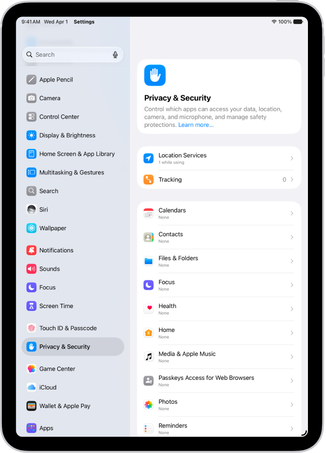 Location Services settings in Privacy & Security settings, with options for sharing the location of your iPad, including custom settings for individual apps.