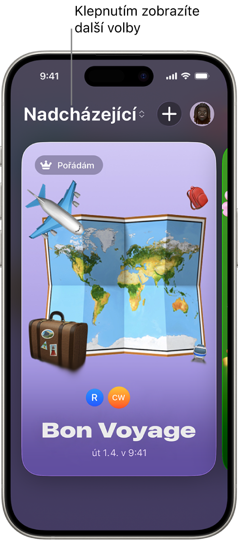 Obrazovka v&nbsp;aplikaci Pozvánky s&nbsp;nadcházející událostí