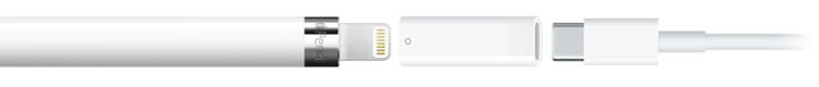 Un Apple&nbsp;Pencil (primera generación) conectado al adaptador de USB-C a Apple&nbsp;Pencil. El otro extremo del adaptador está conectado a un cable de carga USB-C.