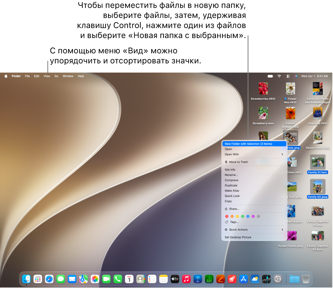 Показан рабочий стол Mac с&nbsp;обоями, строкой меню вверху экрана и&nbsp;панелью Dock внизу экрана.