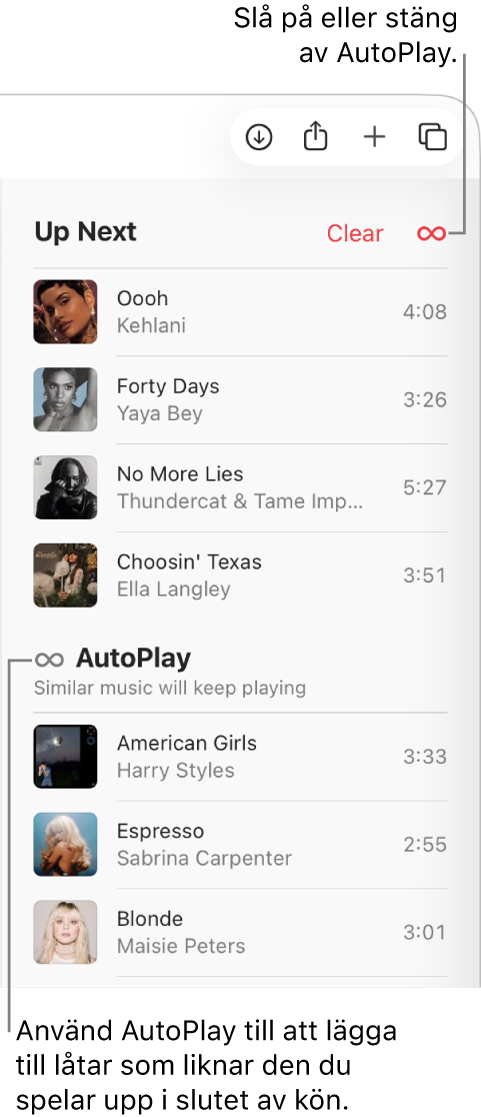 Kön Nästa i övre delen av Apple Music med knapparna Rensa och AutoPlay. AutoPlay är igång.