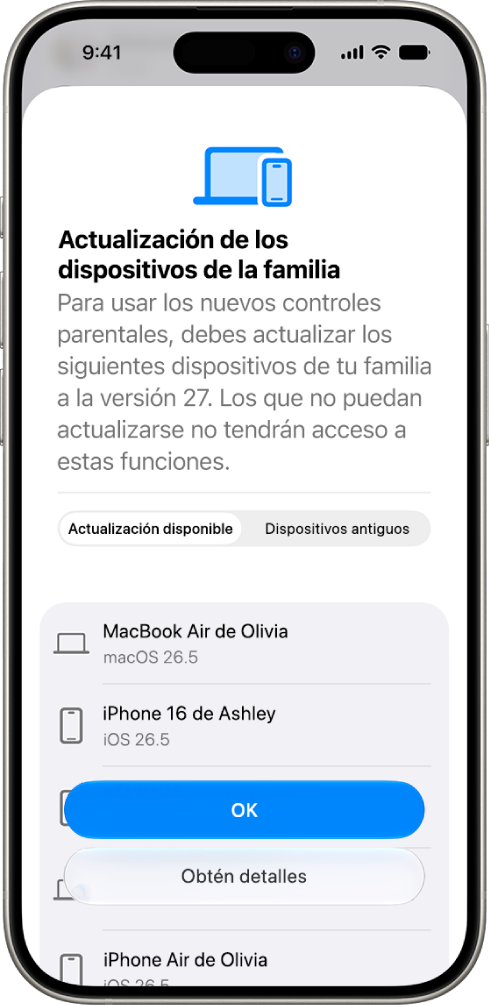 La pantalla Actualizar dispositivos de la familia muestra los dispositivos que necesitan actualizarse y los dispositivos heredados.