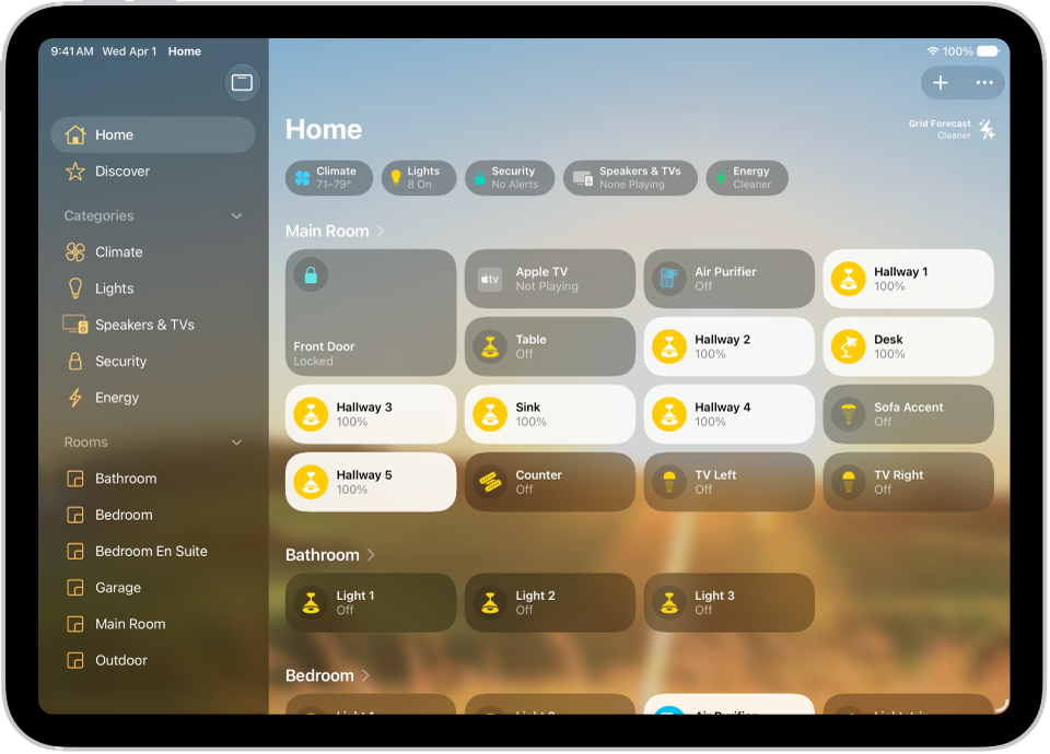 The Home app with the sidebar on the left, showing Home, Automation, and Discover tabs near the top left. Categories and Rooms in the home appear below. To the right of the sidebar, at the top, are the Intercom, Add, and More Options buttons. Category buttons appear near the top. Below that are scenes, camera images, and a room with its accessories.