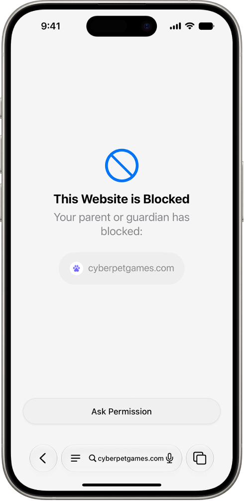 The Ask to Browse screen showing a blocked website in Safari with an option to ask for permission to view it.