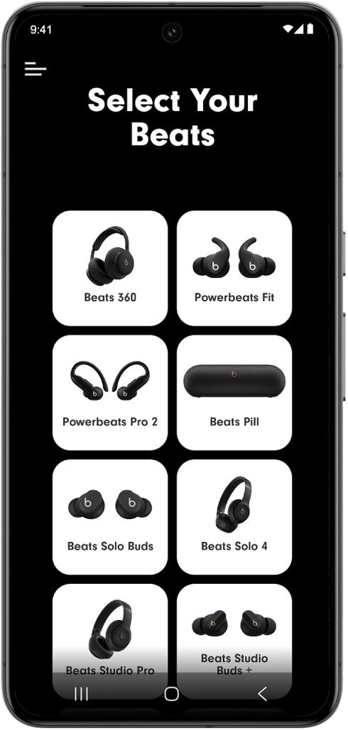 The Beats app Select Your Beats screen showing supported Beats devices.
