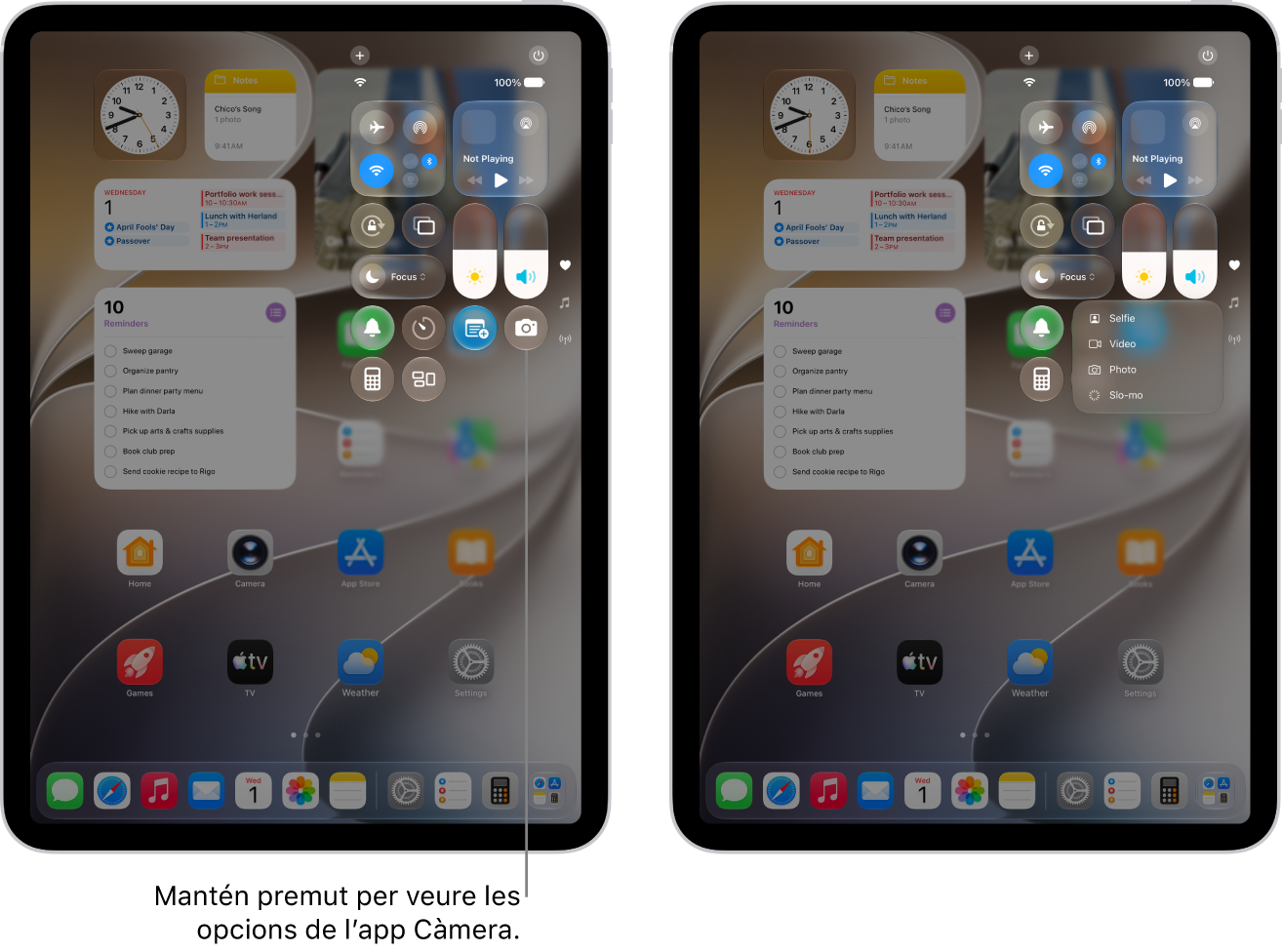 El centre de control de l’iPad. En els models de l’iPad amb Wi-Fi + Cellular, els controls del mode d’avió, les dades mòbils, la Wi-Fi i el Bluetooth són al grup superior esquerre del centre de control. El control de la càmera és a la part inferior dreta del centre de control. La pantalla de la dreta mostra el menú ràpid d’opcions que apareix quan mantens premut el control de càmera.