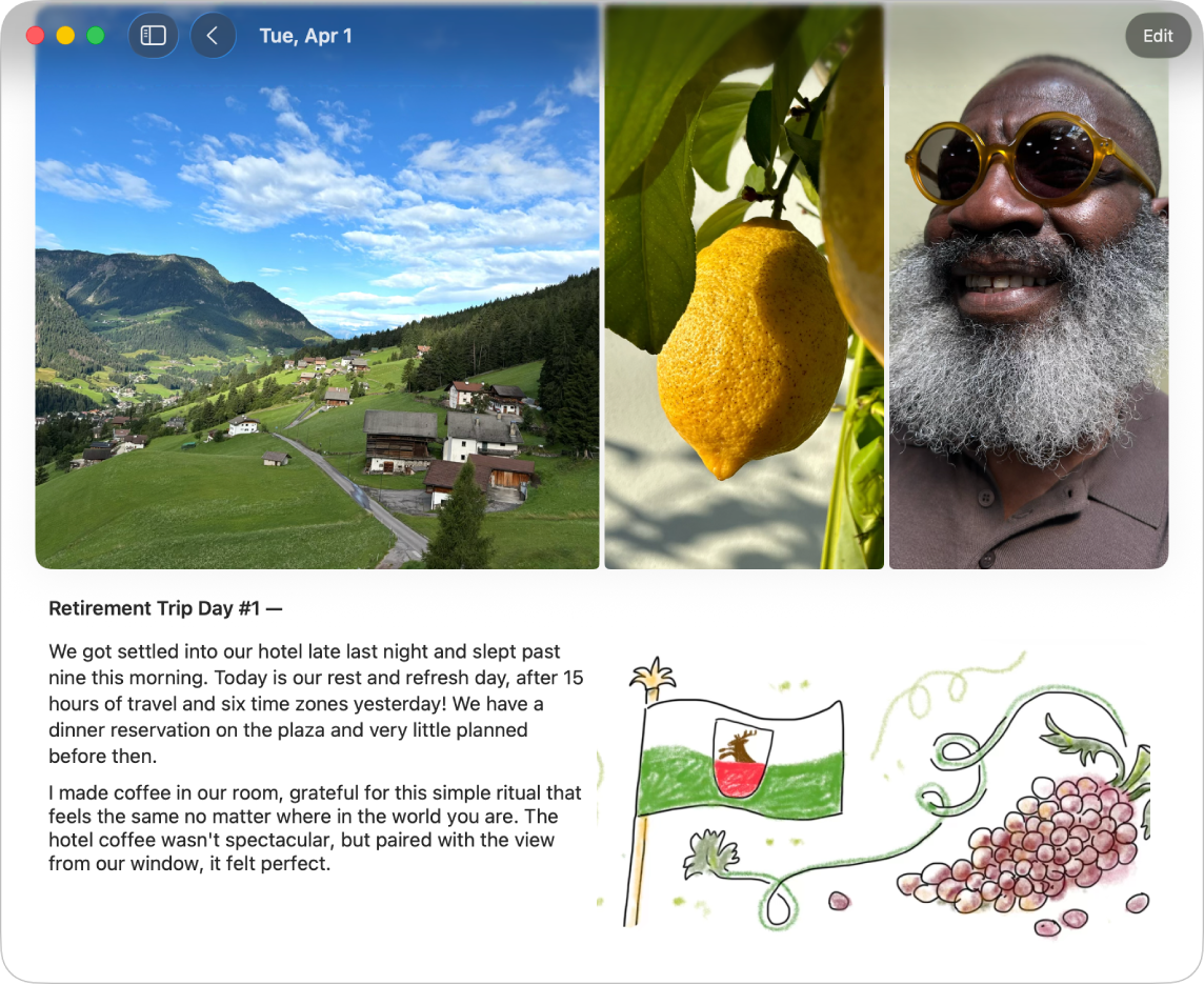 Écran de l’app&nbsp;Journal affichant une entrée avec des photos, du texte et un dessin.