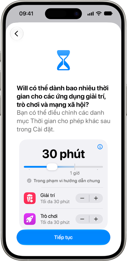 Màn hình thiết lập kiểm soát của phụ huynh đang hiển thị thời lượng được phép trong các danh mục ứng dụng như Mạng xã hội và Giải trí.