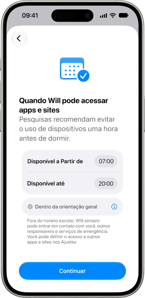 A tela de configuração dos controles parentais mostrando as horas em que uma criança pode acessar o dispositivo.