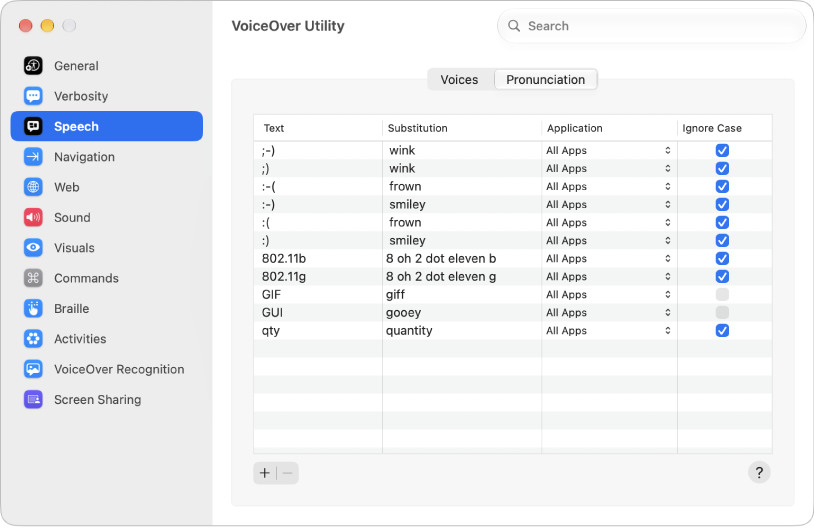 Settings for how VoiceOver should pronounce certain emoticons, numbers, and abbreviations are shown in the Pronunciation pane of the Speech category in VoiceOver Utility.