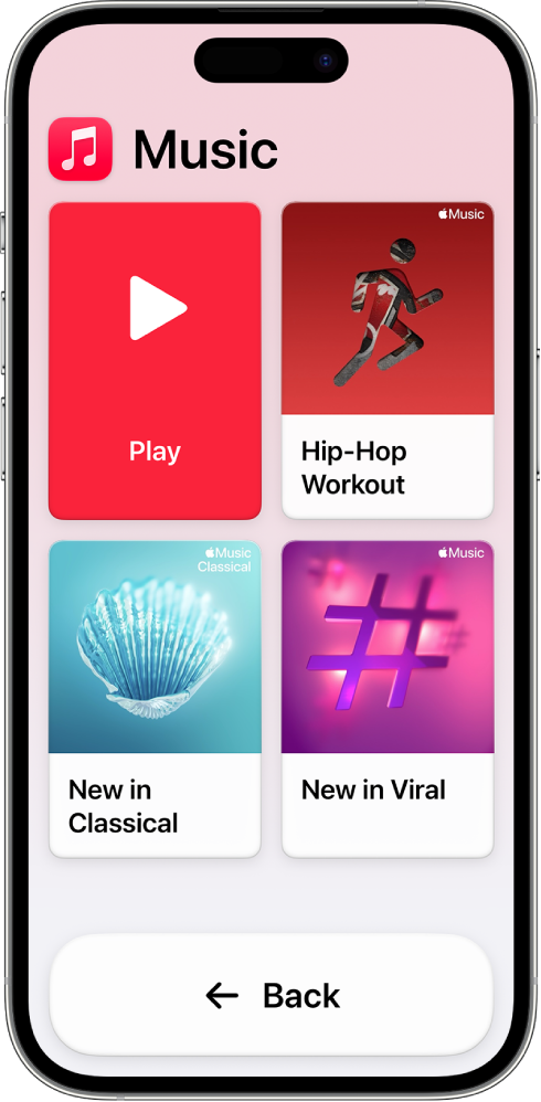 An iPhone in Assistive Access with the Music app open. Three playlists, represented by large icons, fill the rest of the screen.