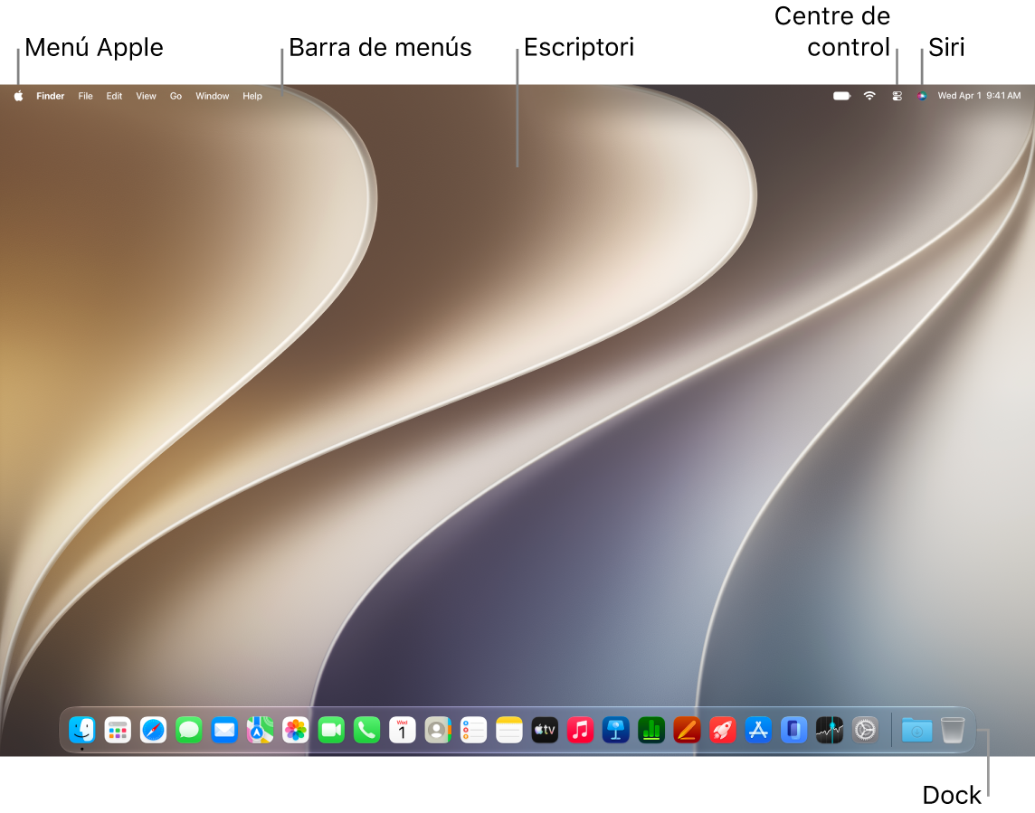 L’escriptori d’un Mac mostra, a la part superior de la pantalla, la barra de menús i, a la part inferior, el Dock.
