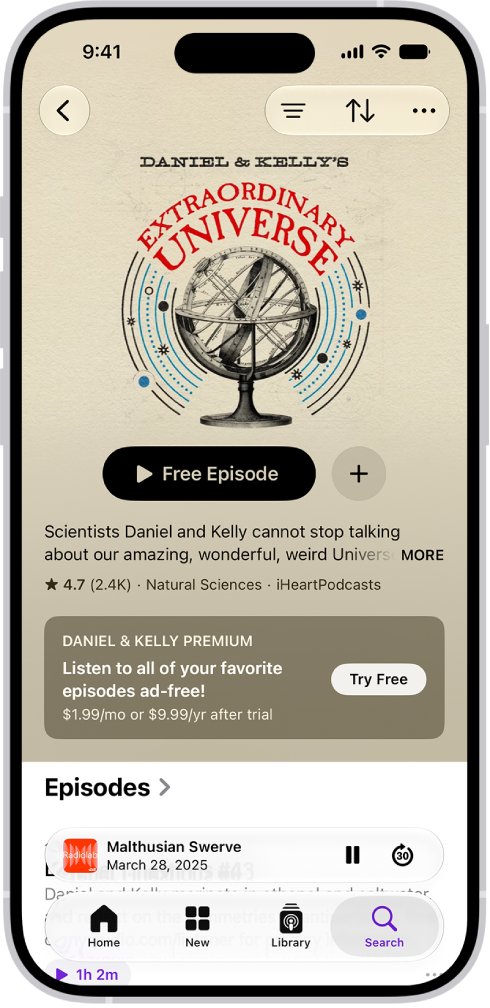 A show page in the Podcasts app showing an episode list. At the top of the screen are the Back, Follow, and More buttons. Toward the bottom of the screen is the MiniPlayer. Below that are the Home, New, Library, and Search buttons.