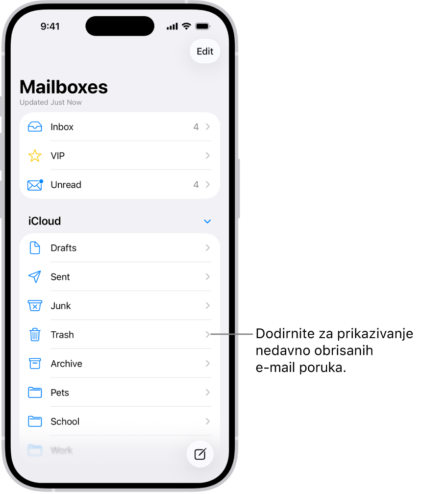 Zaslon Sandučića. Ispod opcije iCloud sandučići su na popisu odozgo prema dolje, uključujući sandučić Smeće. Dodirnite ga za prikaz nedavno obrisanih poruka.