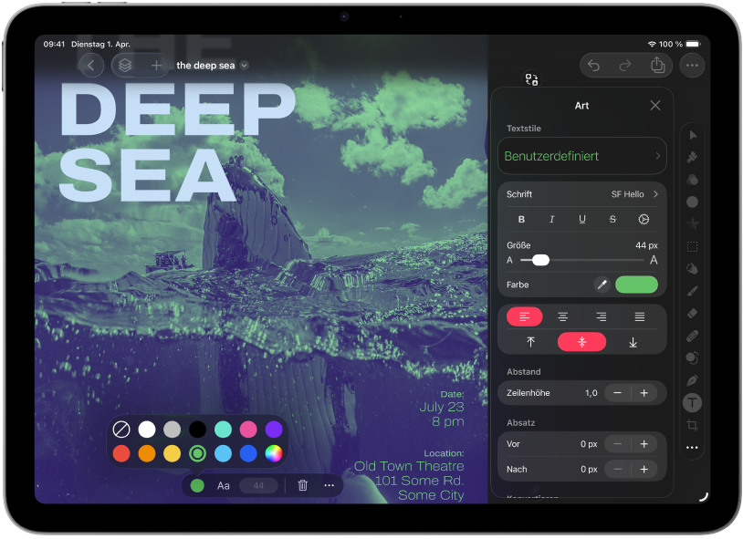Die Benutzeroberfläche der App „Pixelmator&nbsp;Pro“ mit einem geöffneten Layout.