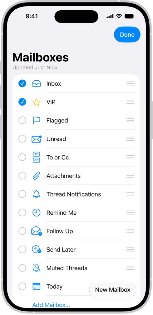 The Mailboxes edit screen. Optional Mailboxes are listed from top to bottom with a checkbox to the left of each option. At the bottom-right corner of the screen is a button labeled New Mailbox.