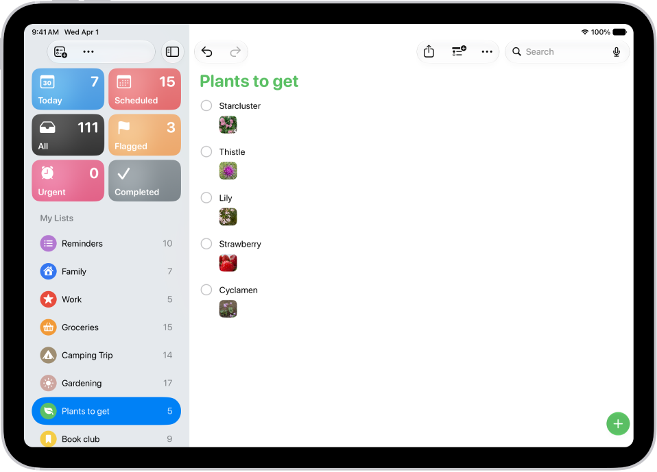 The Reminders app showing a list with photos in each reminder.