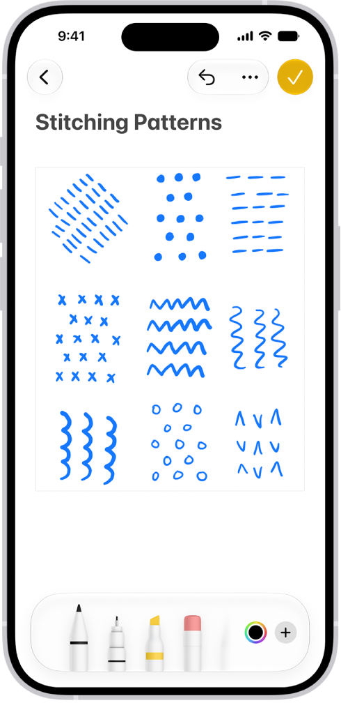 A note showing a drawing and Markup tools along the bottom of the screen.