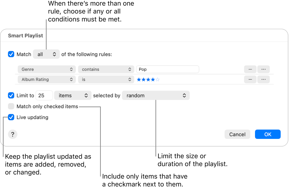 The Smart Playlist dialog: In the top-left corner, select Match, then specify the playlist criteria (such as genre or rating). Continue to add or remove rules by clicking the Add or Remove button in the top-right corner. Select various options in the lower portion of the dialog such as limiting the size or duration of the playlist, including only songs that are checked, or having Music update the playlist as items in your library change.