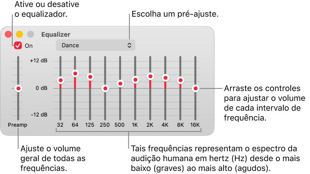 A janela do Equalizador, mostrando os controles para ativá-lo, escolher pré‑ajustes e alterar o volume de frequências.