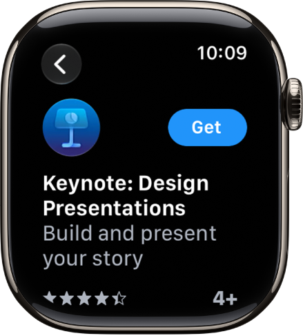 An App Store screen showing the product page of an app with a short description of the app, its ratings, and the Get button on the right.