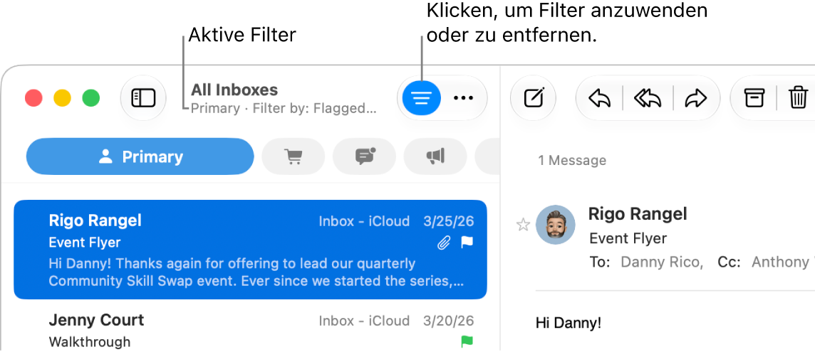 Das Fenster von Mail mit der Symbolleiste über der E-Mail-Liste, in der Mail die angewendeten Filter wie zum Beispiel „Nur E-Mails mit Anhang“ anzeigt.