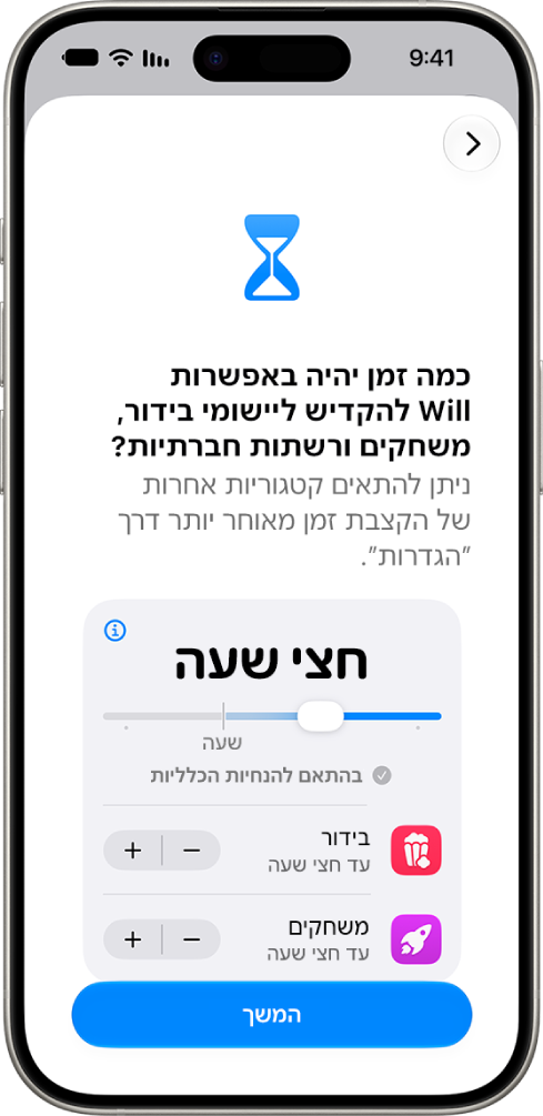 המסך של הגדרת ״בקרת הורים״, מציג את משך הזמן המותר לשימוש לפי קטגוריות של יישומים, כמו ״רשתות חברתיות״ ו״בידור״.