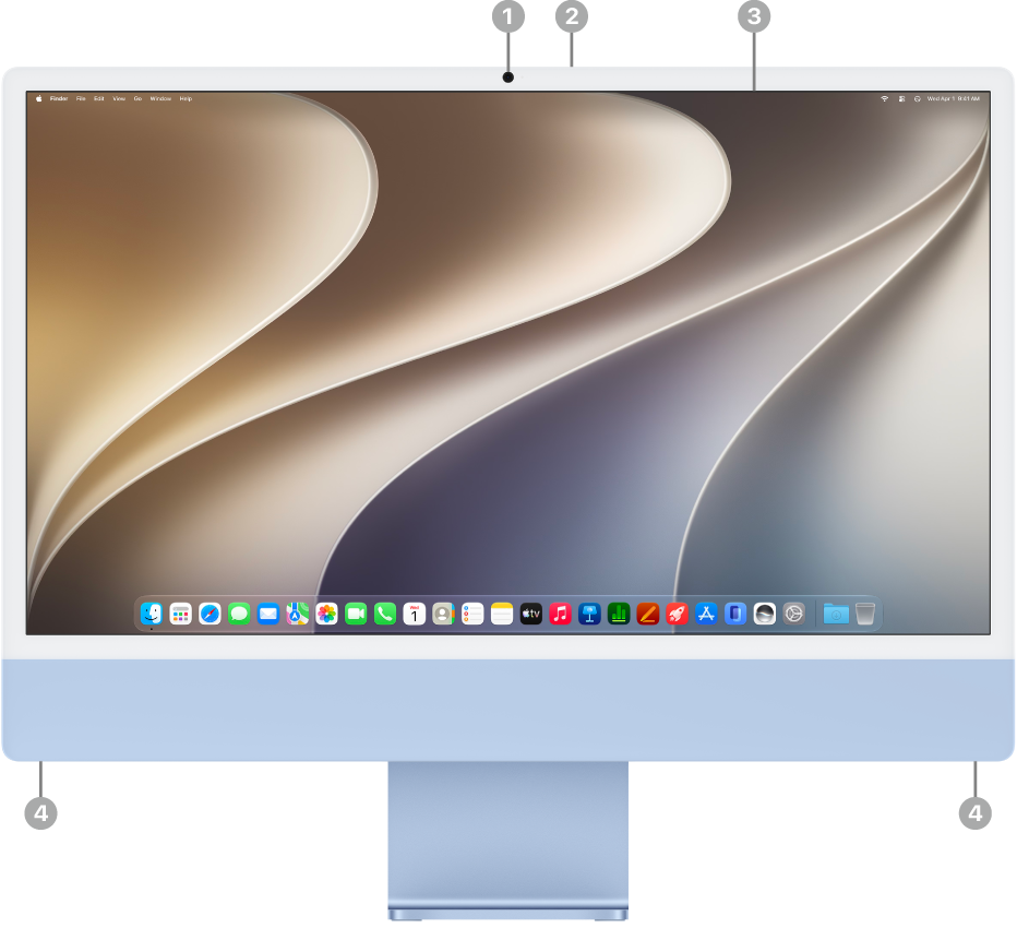 Front view of iMac showing the display, camera, microphones, and speakers.
