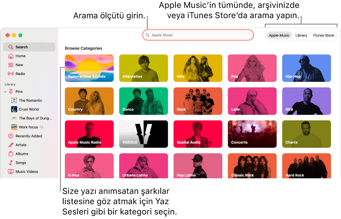 Arama alanlarını, pencerenin ortasında kategori listesini ve sağ üst köşede Apple Music, Arşiviniz ve iTunes Store seçeneklerini gösteren Apple Music penceresi. Arama alanına arama ölçütünü girin, sonra Apple Music’in tamamında, yalnızca arşivinizde ya da iTunes Store’da arama yapmayı seçin.