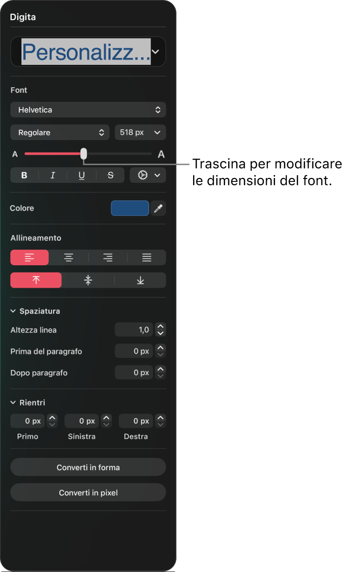 Il pannello Digitazione con un cursore per aumentare le dimensioni del testo