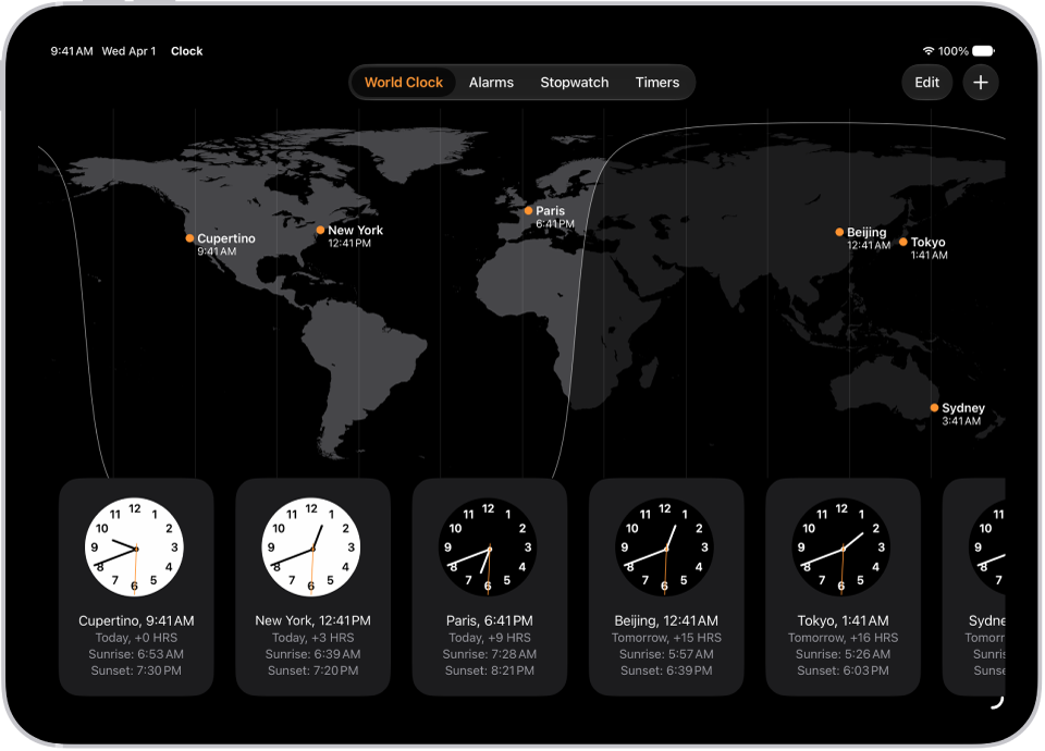 The World Clock tab, showing the time in various cities. The Edit button near the upper-left corner lets you reorder or delete clocks. The Add button near the upper-right corner lets you add more clocks. World Clock, Alarm, Stopwatch, and Timers buttons are along the bottom.