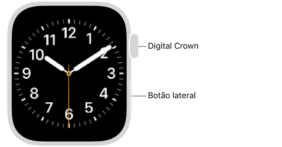 Apple&nbsp;Watch visto de frente, com a Digital Crown em cima, no lado direito do relógio, e o botão lateral em baixo, à direita.