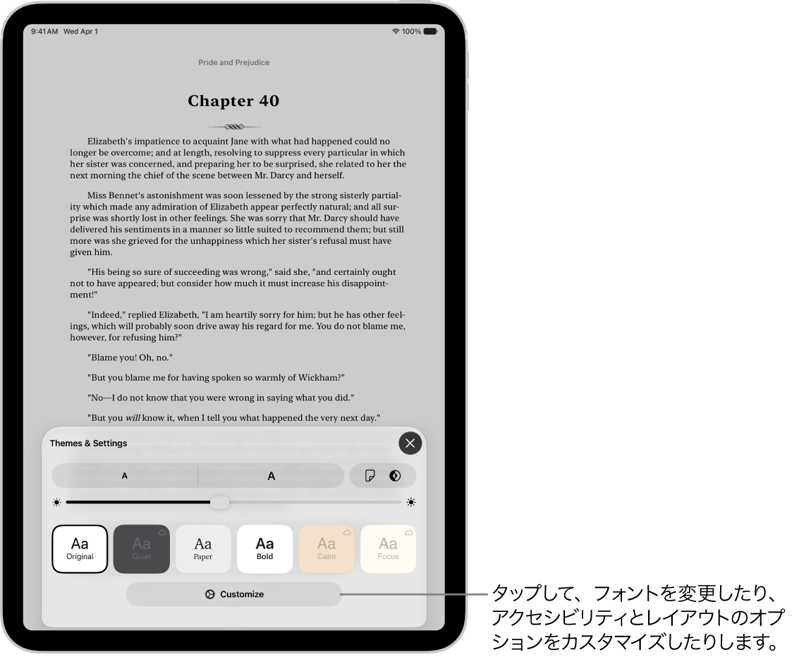 ブックアプリのブックのページ。「テーマおよび設定」オプション。フォントサイズ、ビューのスクロール、ページめくりスタイル、明るさ、フォンスタイルの各コントロールが表示されています。