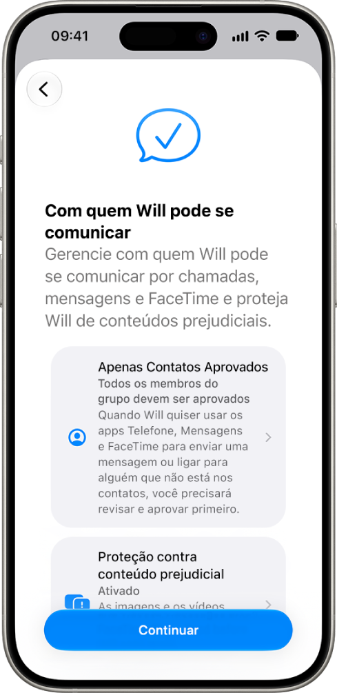A tela de configuração dos controles parentais mostrando opções para definir com quem a criança pode se comunicar.