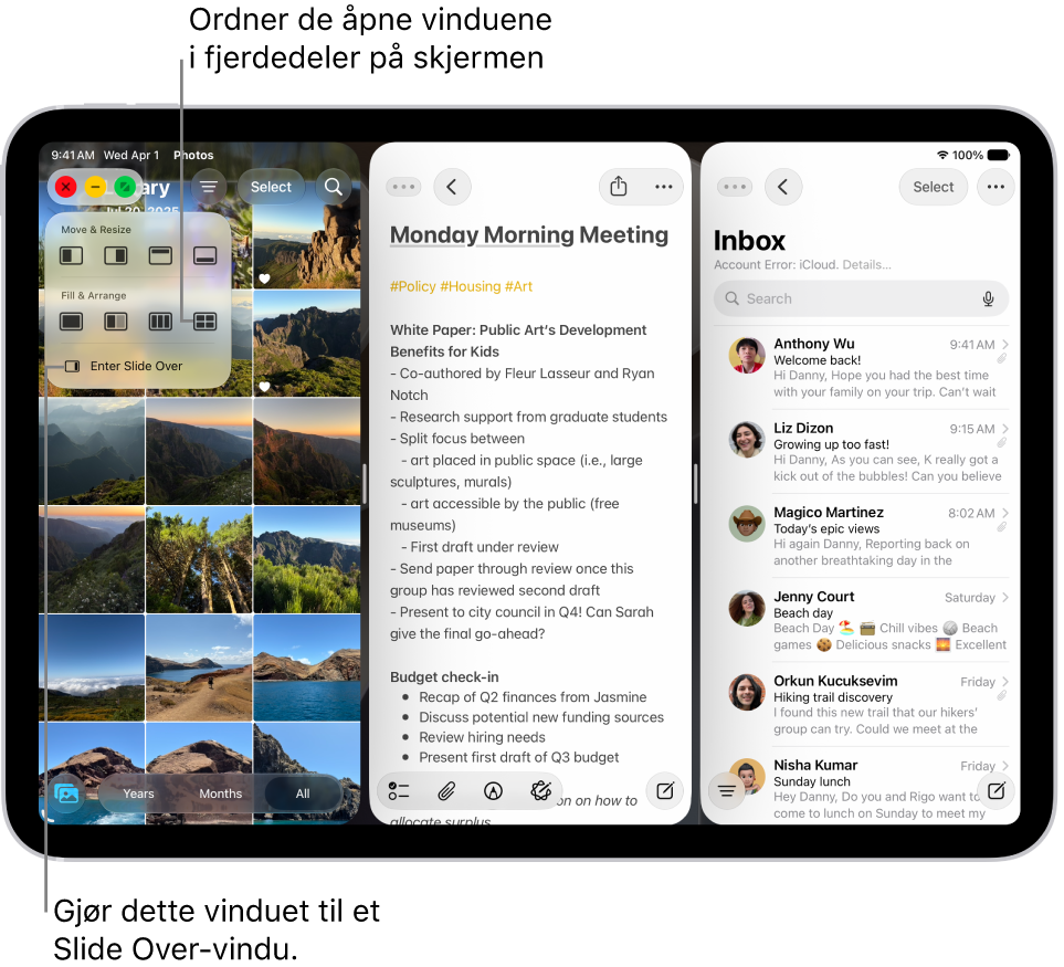 En iPad-skjerm viser fire åpne apper og en markert vinduslayout som ordner dem i fjerdedeler.