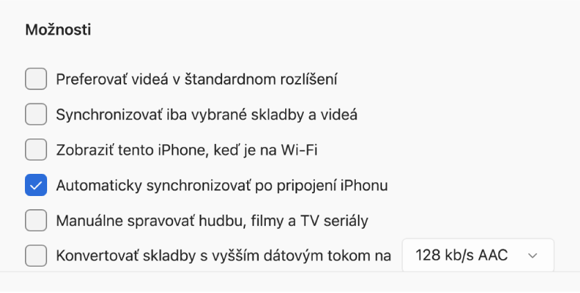 Možnosti synchronizácie vášho Apple zariadenia a zariadenia s Windowsom. Je vybraná možnosť „Automaticky synchronizovať po pripojení iPhonu“.