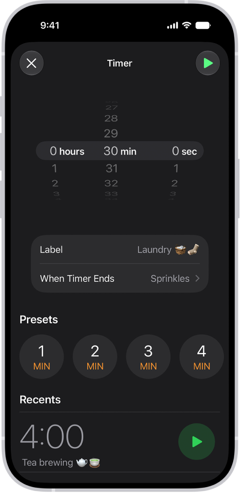 A screen for adding a timer, with settings to set a timer, and a button to start a recently created timer.