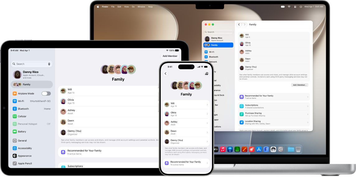 The Family Sharing screen on iPhone, iPad, and Mac.