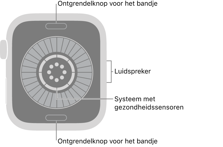 De achterkant van de Apple&nbsp;Watch&nbsp;Series&nbsp;12, met aan de boven- en onderkant de ontgrendelknoppen van het bandje, in het midden het systeem met gezondheidssensoren en aan de zijkant de luidspreker.