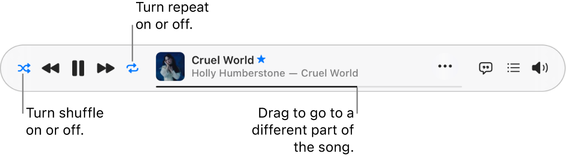 The top of Apple Music with a song playing. The playback controls are at the far left. 