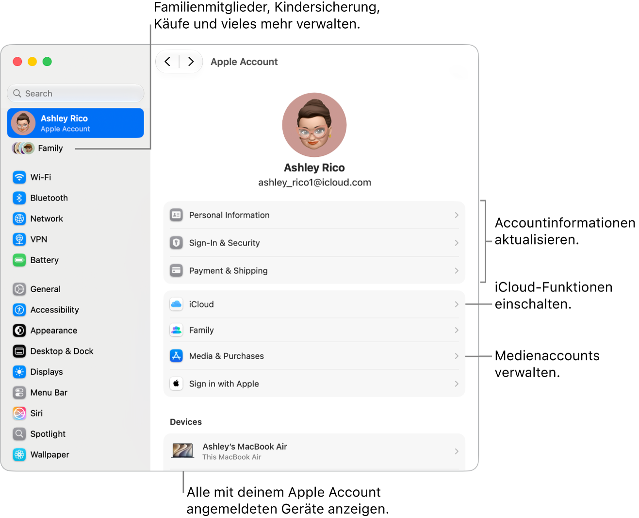 Die Einstellungen „Apple&nbsp;Account“ in den Systemeinstellungen mit Beschriftungen zum Aktualisieren der Accountinformationen, Ein- bzw. Ausschalten von iCloud-Funktionen, Verwalten von Medienaccounts und Anpassen der Einstellungen für „Familie“, um Familienmitglieder, Kindersicherung, Käufe und mehr zu verwalten.