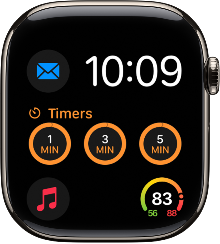 Modular watch face showing the date and time at the top right, and six complications: Earth at the top left, Timers in the middle, and Workout, Compass, and State of Mind along the bottom.
